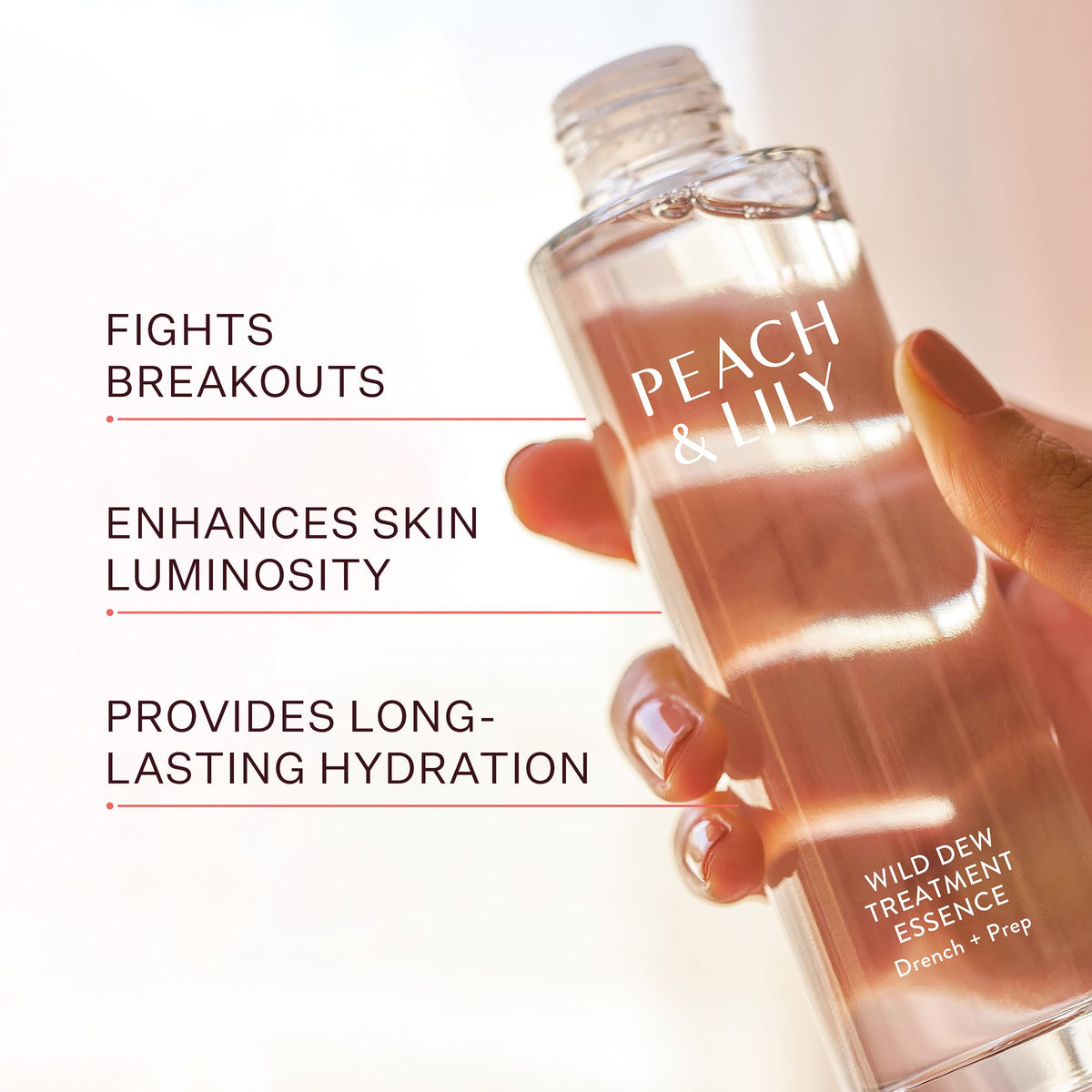 Peach & Lily Wild Dew close-up label detail highlighting active ingredients and clean claims