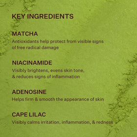 Peach & Lily ingredients label displaying matcha and niacinamide for transparency