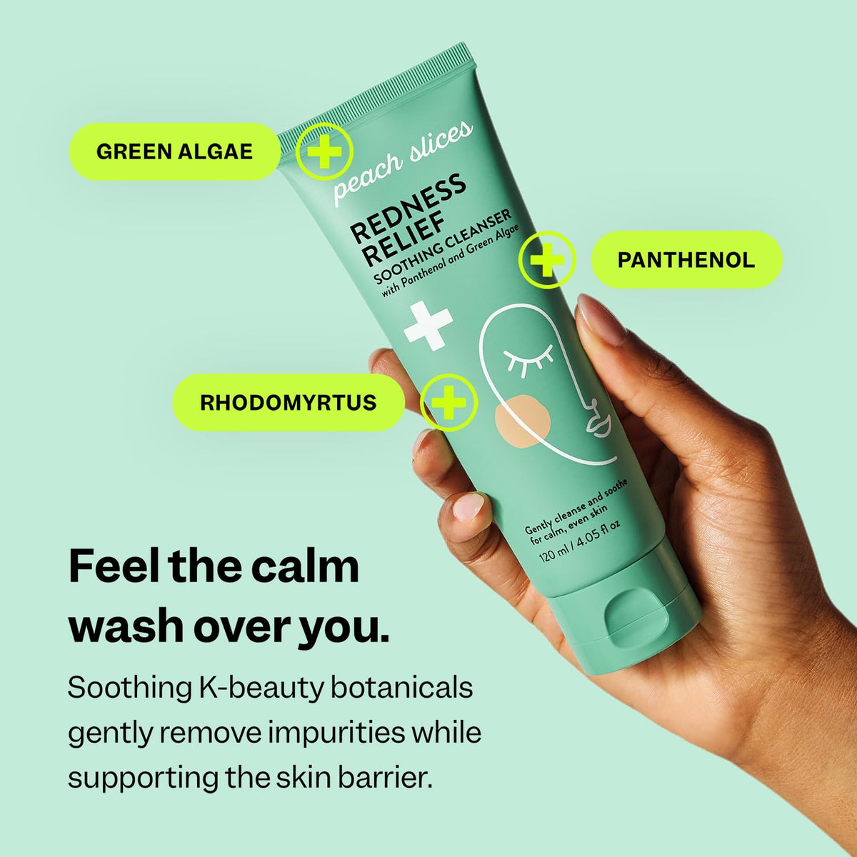 Peach Slices ingredient panel with green algae for soothing