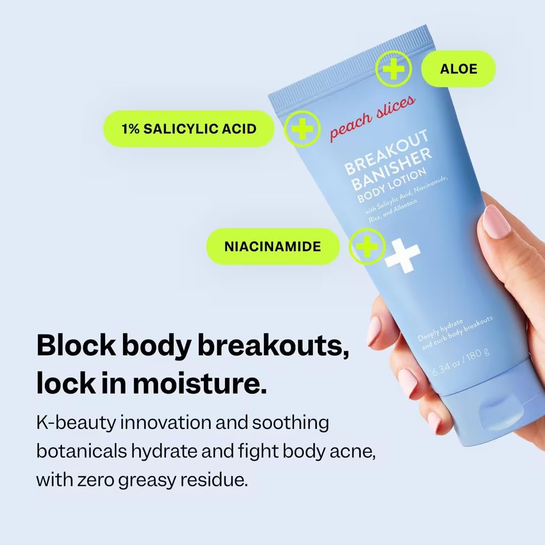 Peach & Lily lotion applied to shoulder, targeting body breakouts benefit