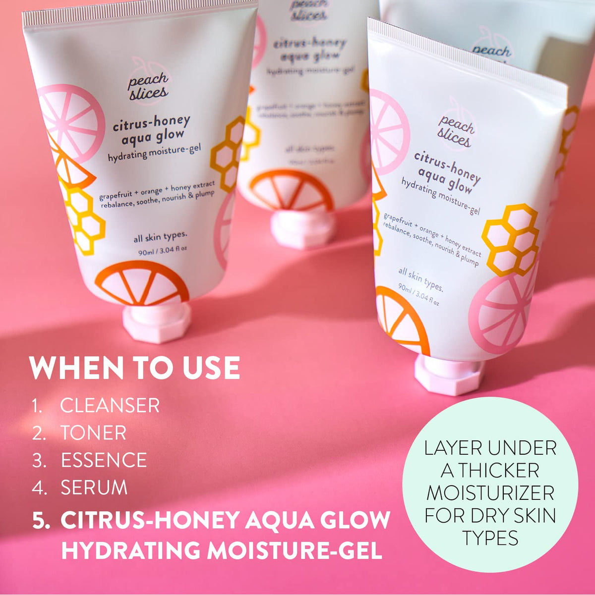 Peach Slices gel on hand demonstrating spreadability and non-greasy finish