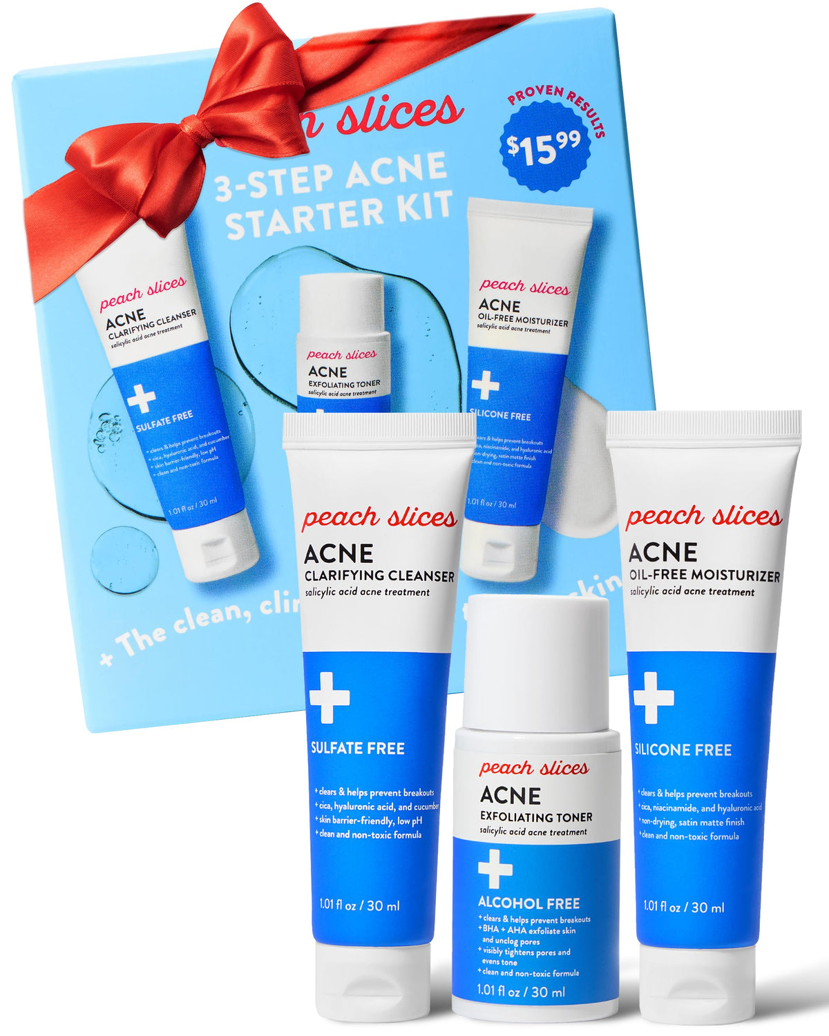 Peach Slices starter kit front view shows all three products for clear skin