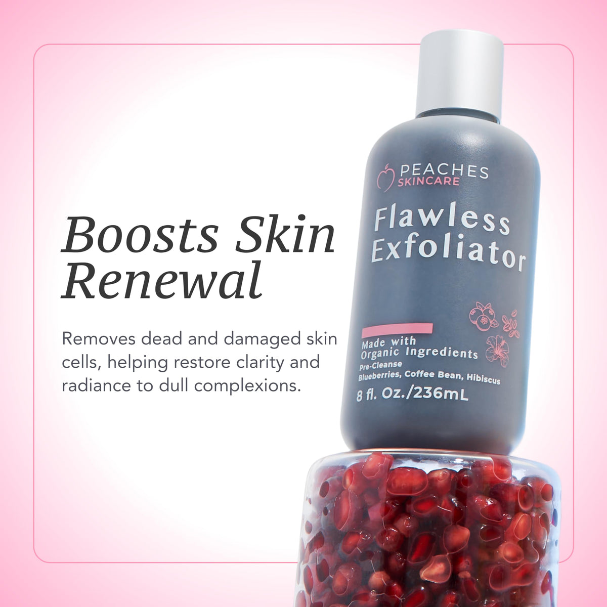 Peaches Skin Care 8 oz bottle next to a hand for size comparison and travel-friendly benefit