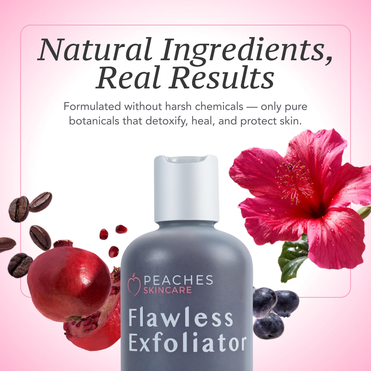 Peaches Skin Care bottle on bathroom shelf implying everyday use and routine convenience