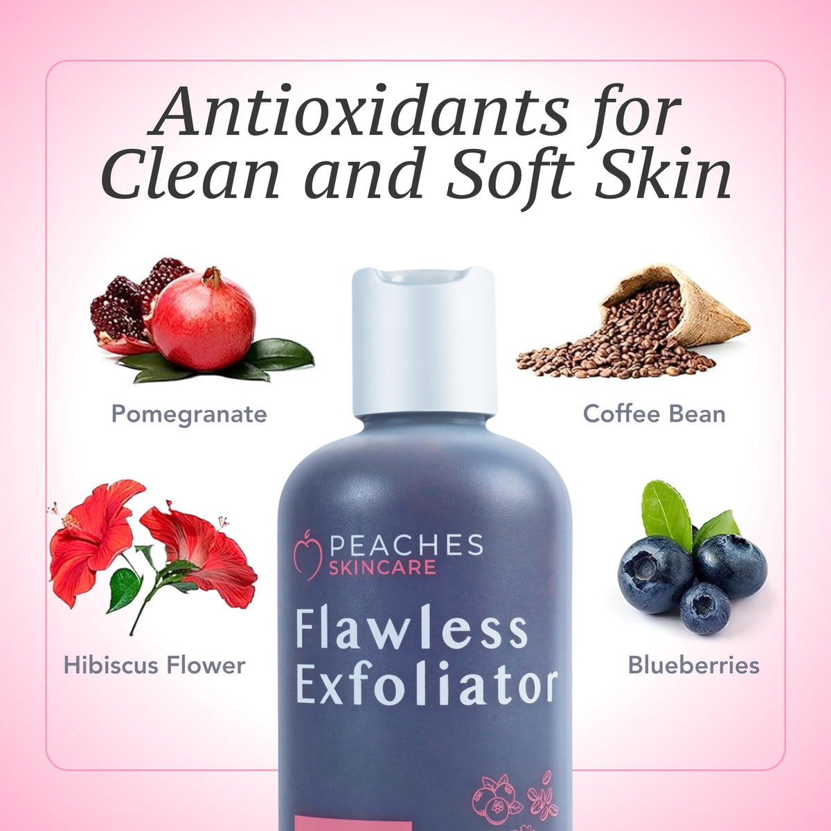 Peaches Skin Care label close-up featuring vitamin C and botanical ingredient callouts