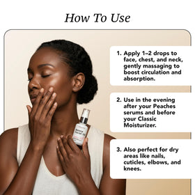 Peaches Skin Care oil on hand beside serum and cream, showing compatible layering in routine