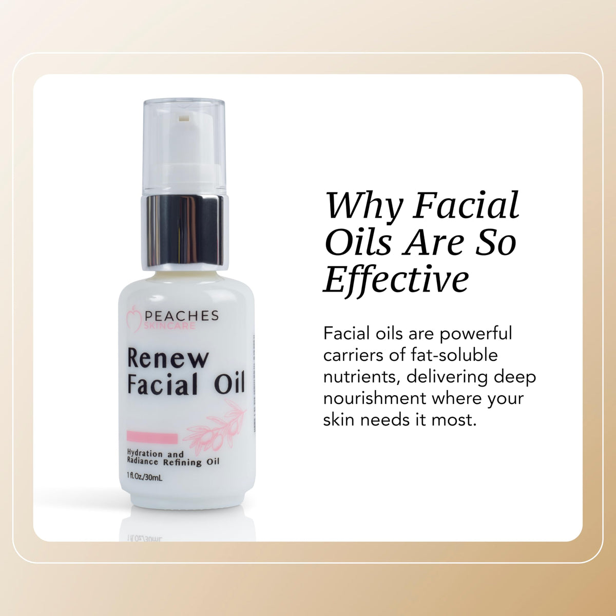 Peaches Skin Care label detail highlighting squalene-rich olive oil and vitamin blend benefits
