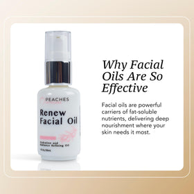 Peaches Skin Care label detail highlighting squalene-rich olive oil and vitamin blend benefits