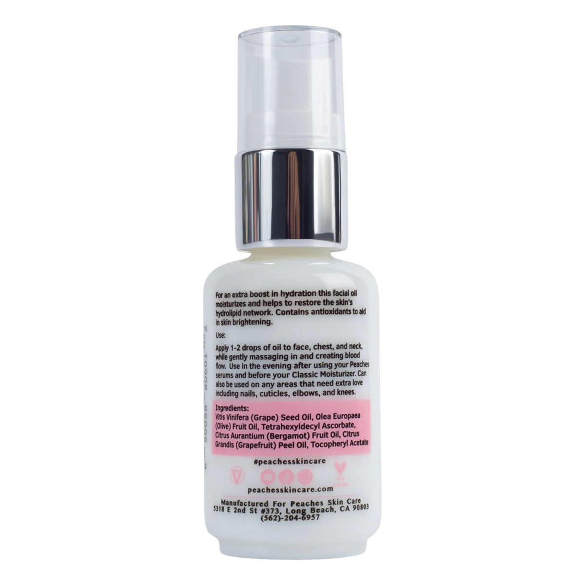 Peaches Skin Care bottle on bathroom shelf in lifestyle setting, conveying daily-use appeal