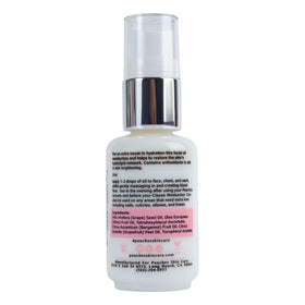 Peaches Skin Care bottle on bathroom shelf in lifestyle setting, conveying daily-use appeal
