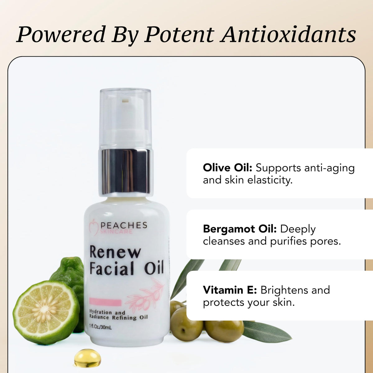Peaches Skin Care bottle next to a coin for 1 oz scale, showing compact travel-friendly size