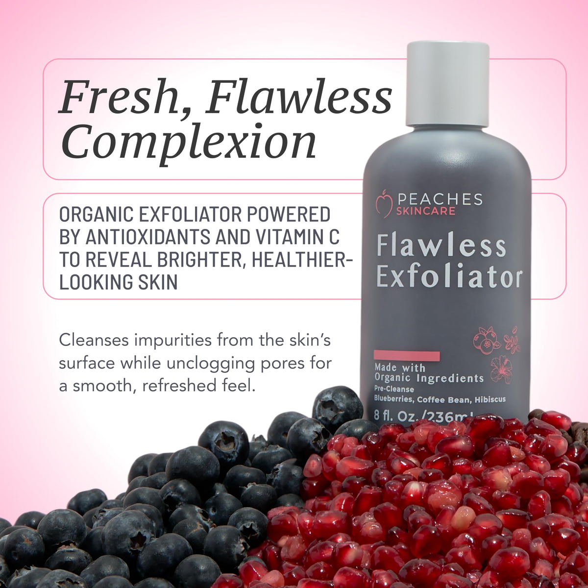 Peaches Skin Care close-up of scrub texture highlighting gentle exfoliating coffee particles