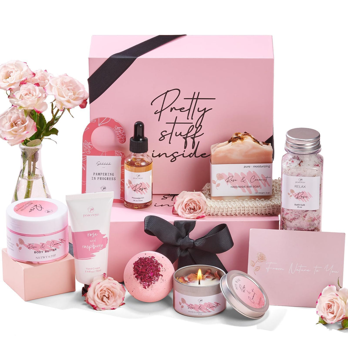 peacoeye front packaging showing full spa gift box and ribbon for easy gifting