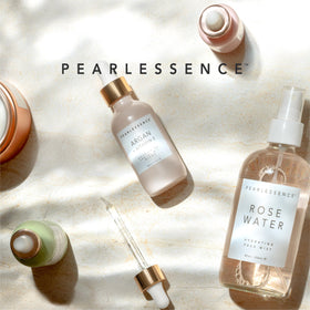 Pearlessence bottle on vanity portraying daily routine and radiant-skin benefit