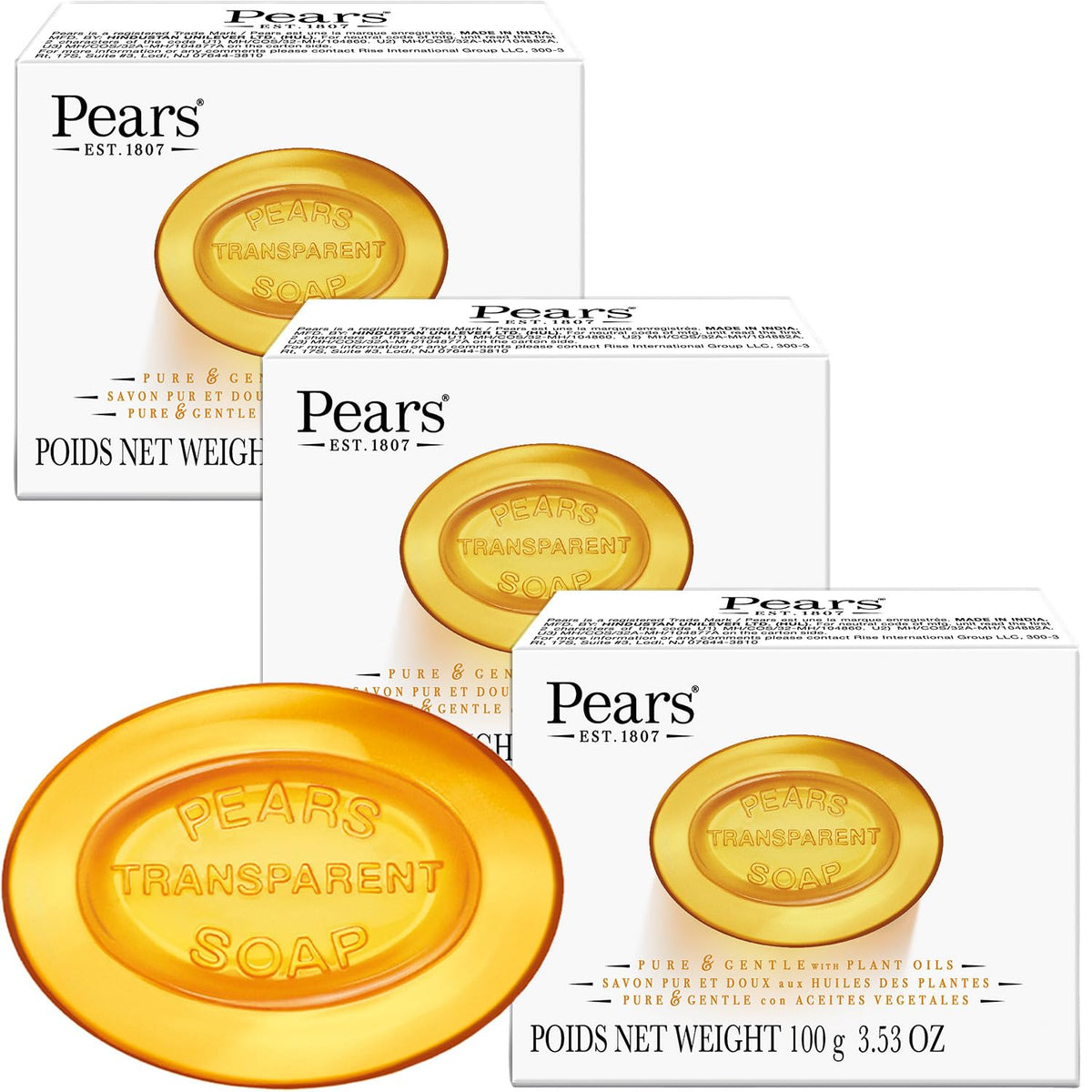 Pears amber bar front packaging showing translucent clarity and gentle appeal