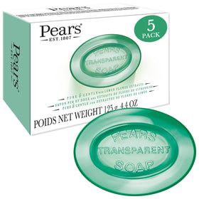 Pears 5-pack front packaging showing green glycerin bars and brand