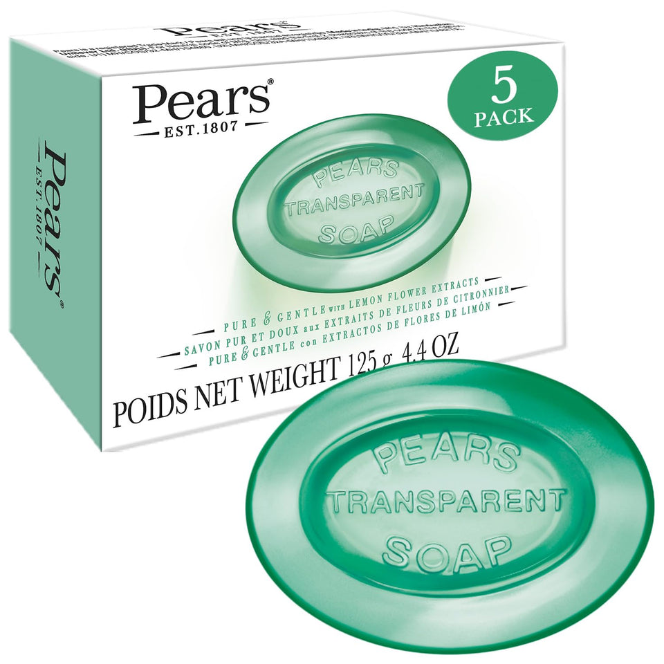Pears 5-pack front packaging showing green glycerin bars and brand