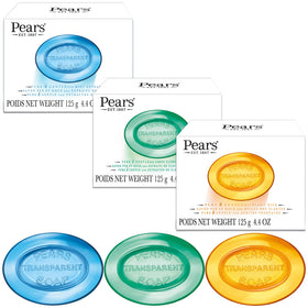 Pears pack front view showing three translucent glycerin bars and benefits