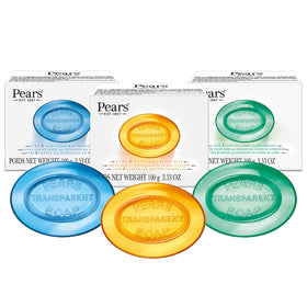 Pears pack front view showing three glycerin soap bars and brand freshness