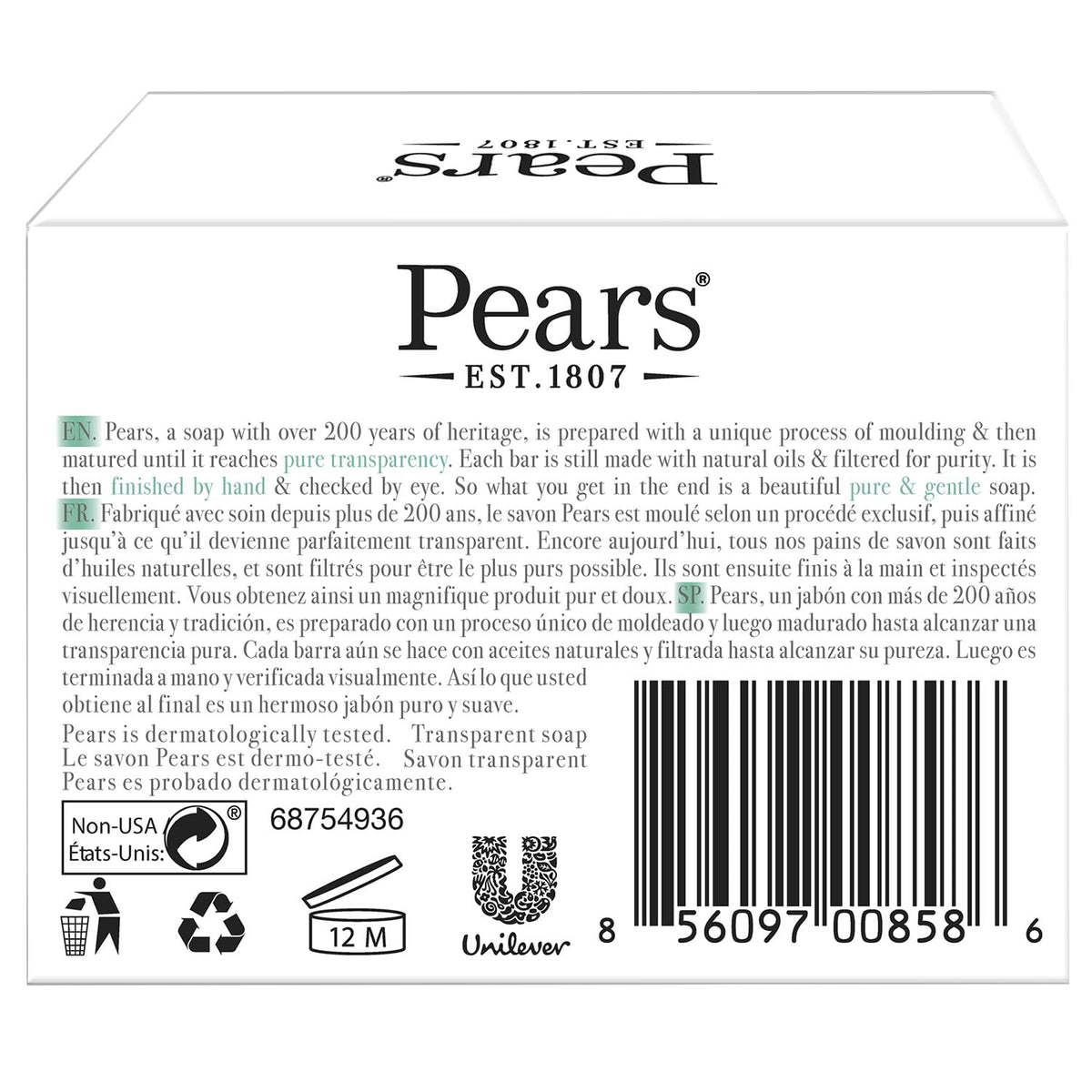 Pears single 4.4 oz bar front close-up highlighting transparency benefit