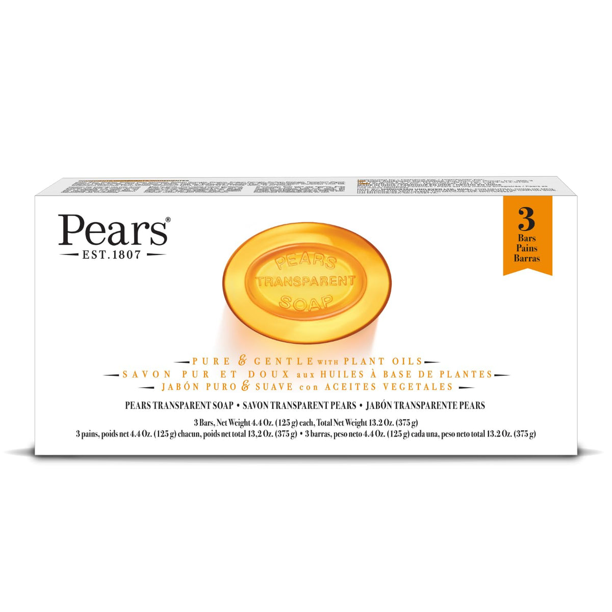 Pears transparent amber front packaging showing three bars and value pack benefit