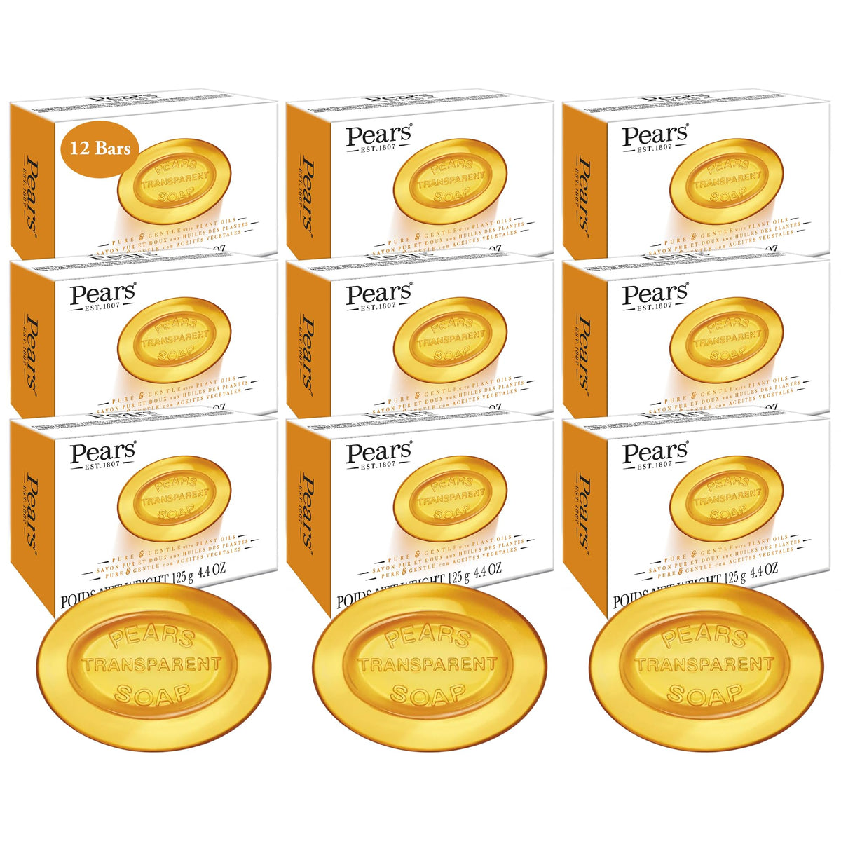 Pears bar front packaging showing translucent amber soap and brand for classic hydration