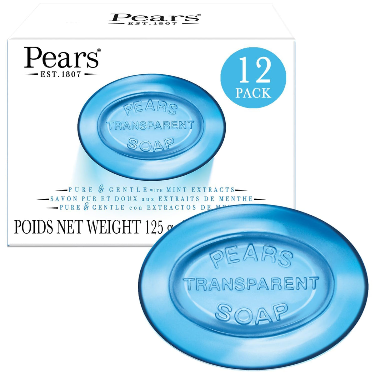 Pears front packaging showing translucent blue bars and mint scent benefit