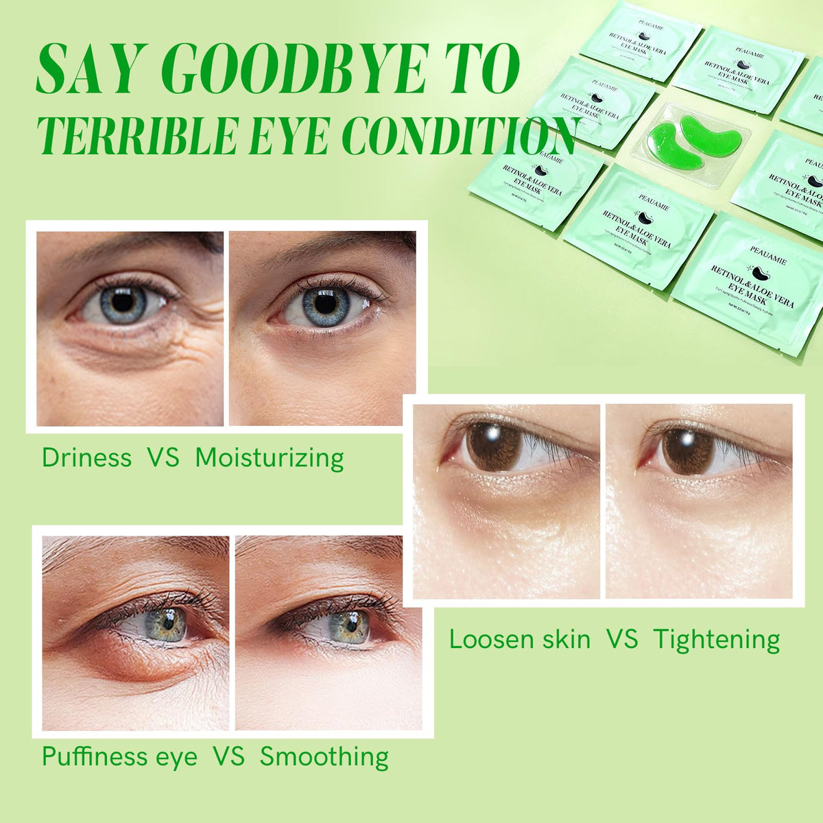 PEAUAMIE before and after showing reduced puffiness and brighter eyes