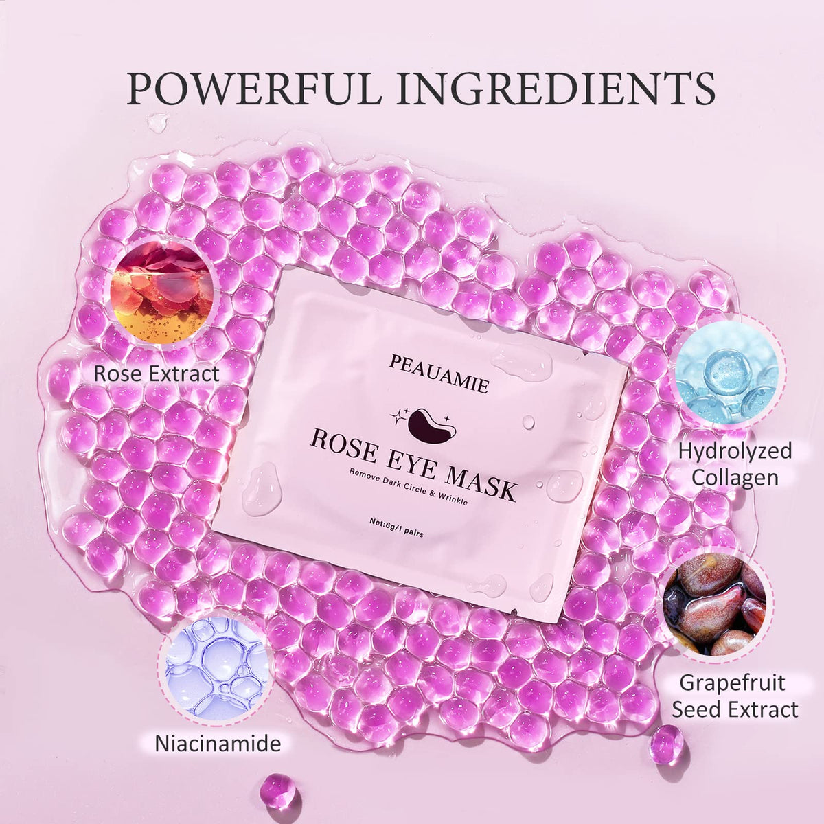 PEAUAMIE ingredients display with hyaluronic acid and collagen for skin plumping