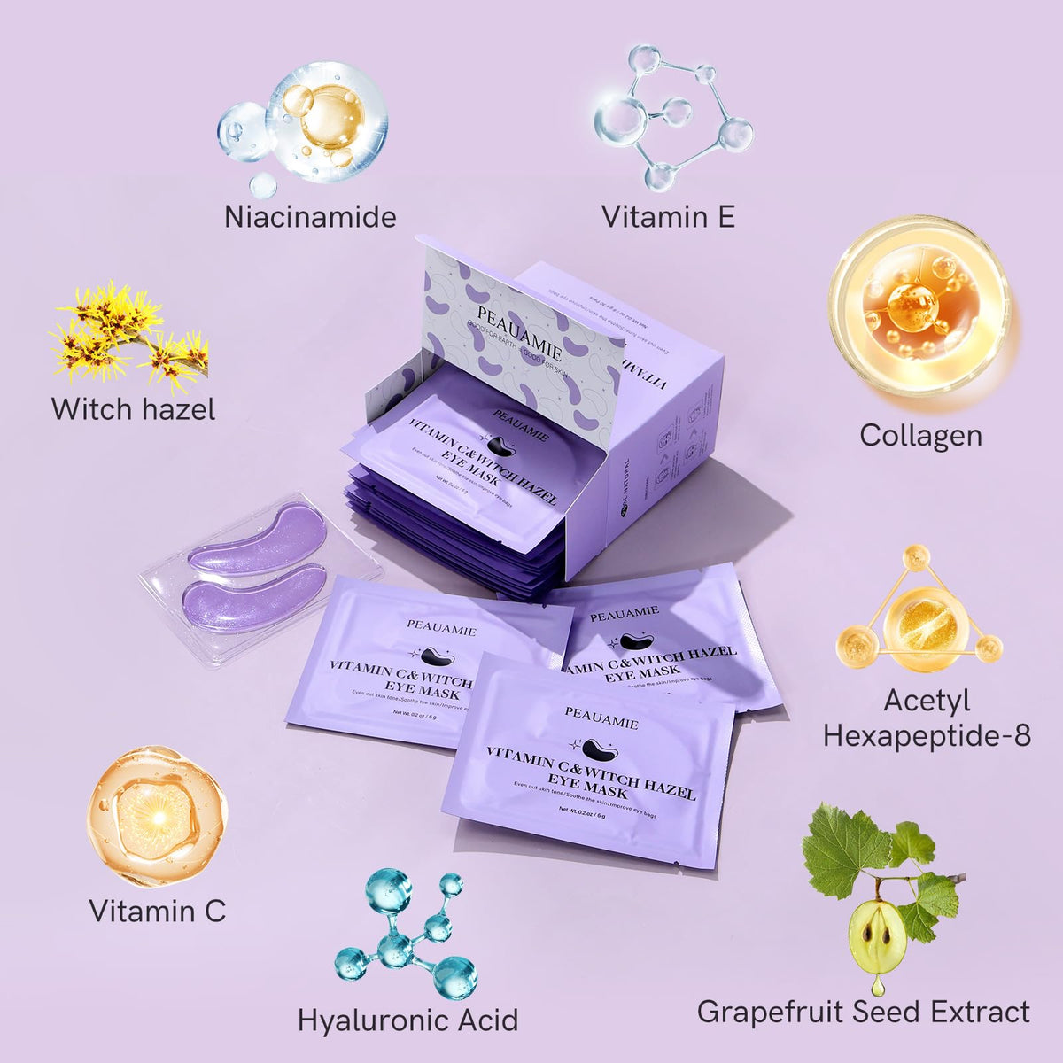 PEAUAMIE patch applied under eye showing immediate refreshing effect