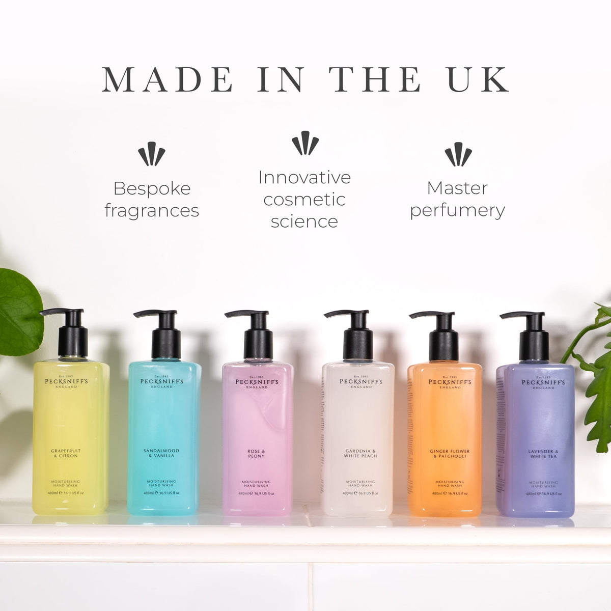 Pecksniff's bottle styled on bathroom shelf adding refined decor