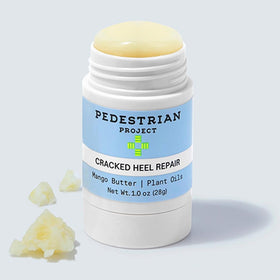 Pedestrian Project balm applied to heel illustrating spot treatment and smoother skin