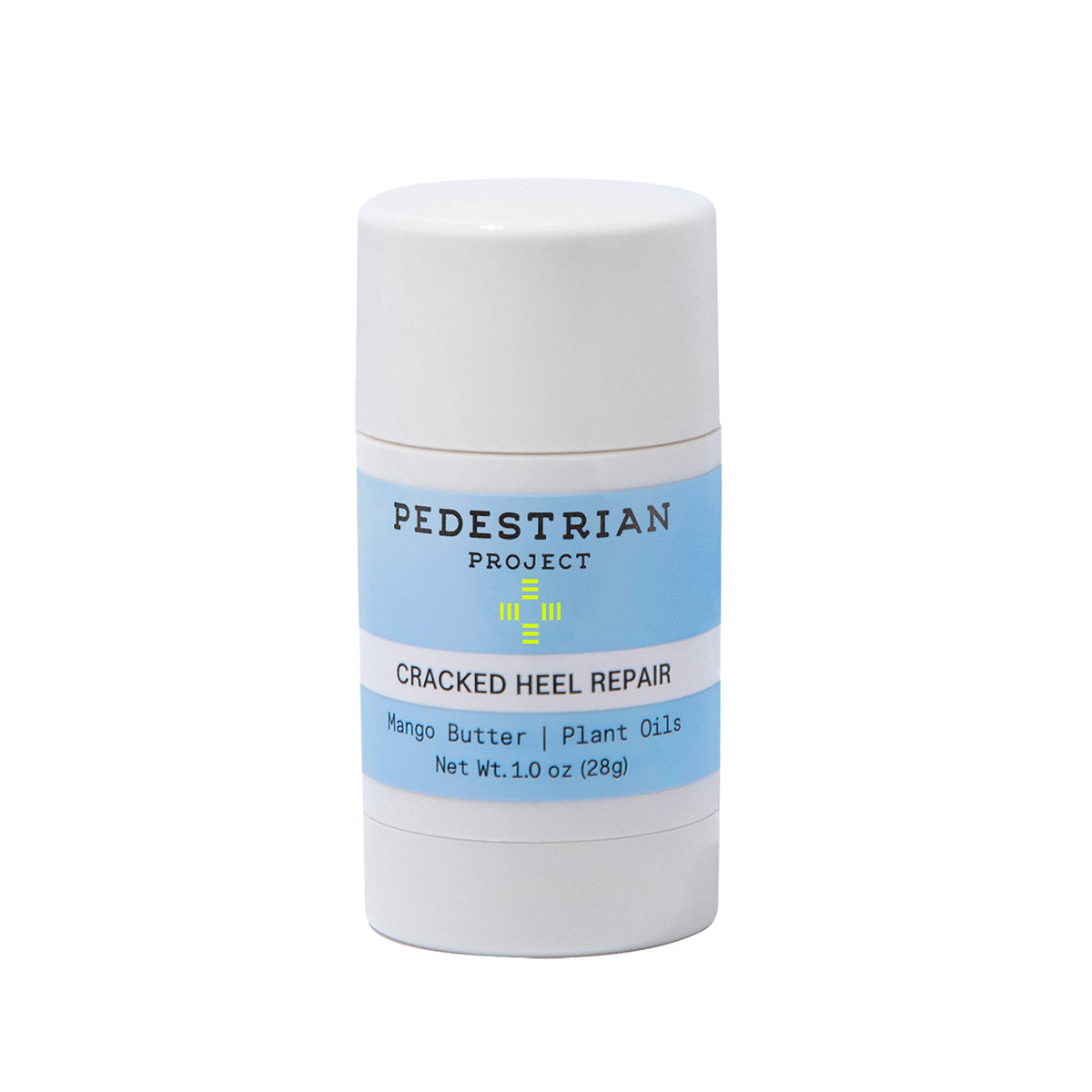 Pedestrian Project front jar showing balm and clear branding for targeted heel repair