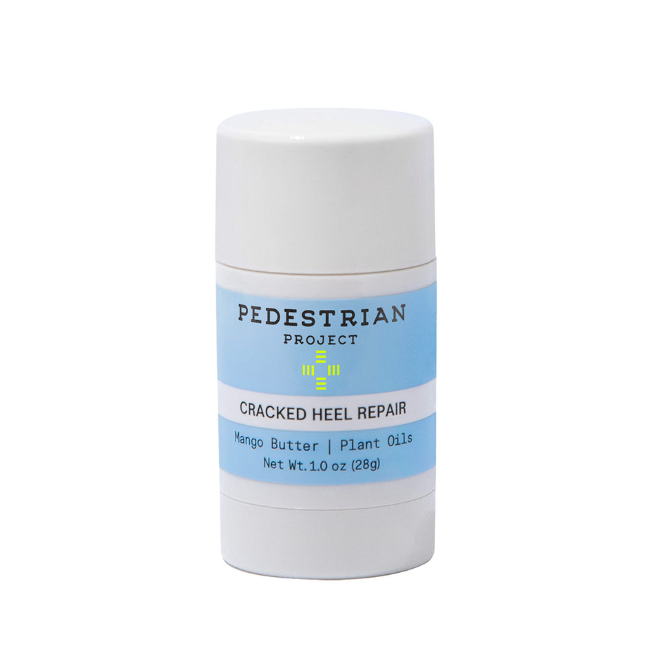 Pedestrian Project front jar showing balm and clear branding for targeted heel repair