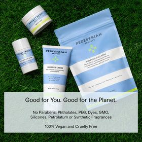 Pedestrian Project label close-up displaying key ingredients and clean formulation benefits