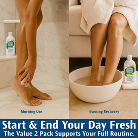 Pedifix bottles arranged in bathroom setting suggesting easy daily routine benefit