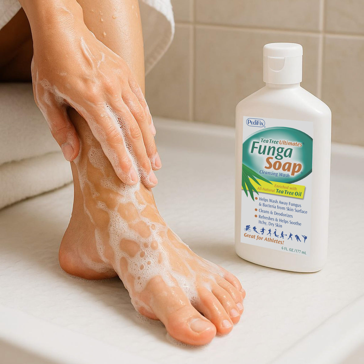 Pedifix bottle on bathroom shelf styling suggesting everyday routine convenience benefit