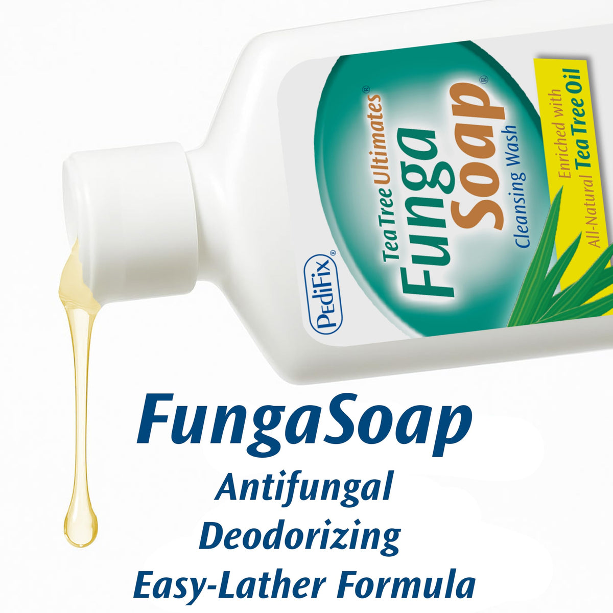 Tea tree oil ingredient beside Pedifix bottle highlighting natural botanicals and deodorizing benefit