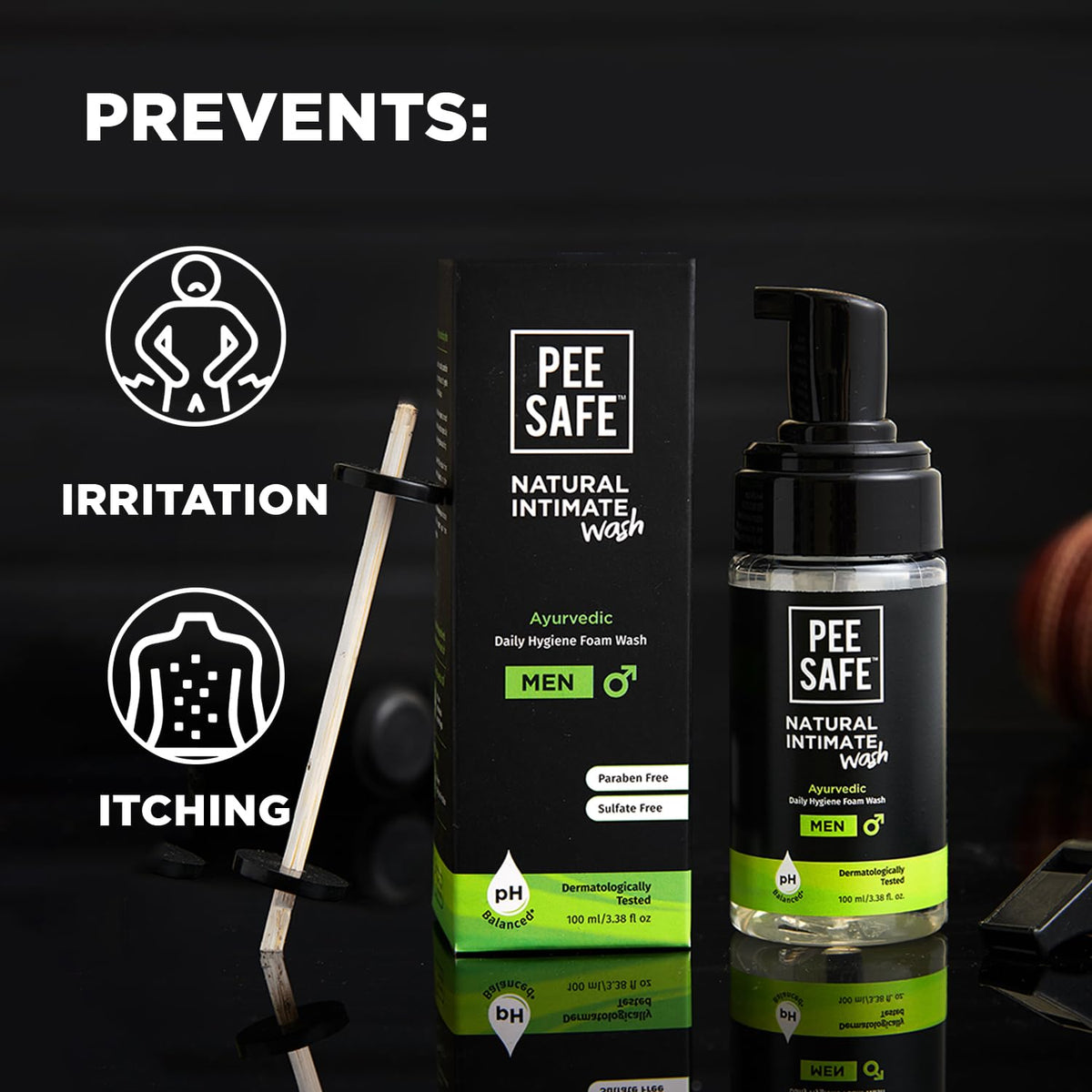 Pee Safe ingredients label detail highlighting tea tree and aloe benefits