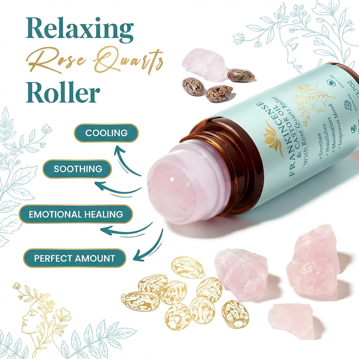 Peehss rose quartz roller close-up highlighting smooth stone for cooling application benefit
