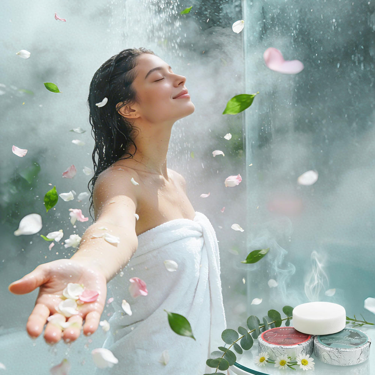 peepul relaxing bathroom lifestyle image illustrating a spa-like at-home benefit