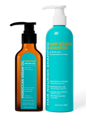 pekinly front packaging of argan oil set showing product pair and benefits