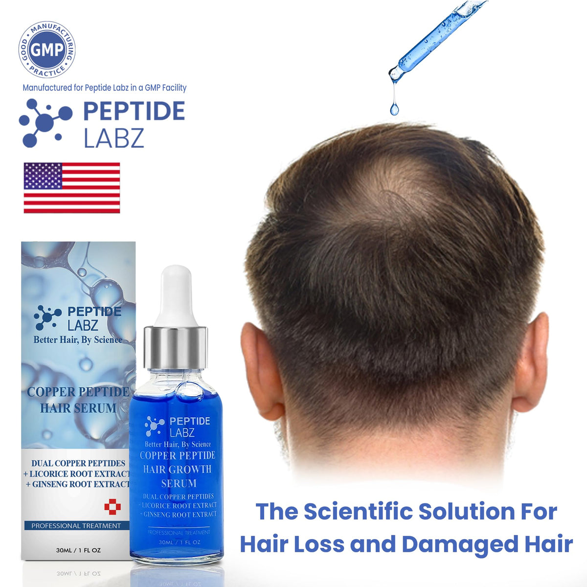 PeptideLabz serum applied to scalp demonstrating targeted application benefit
