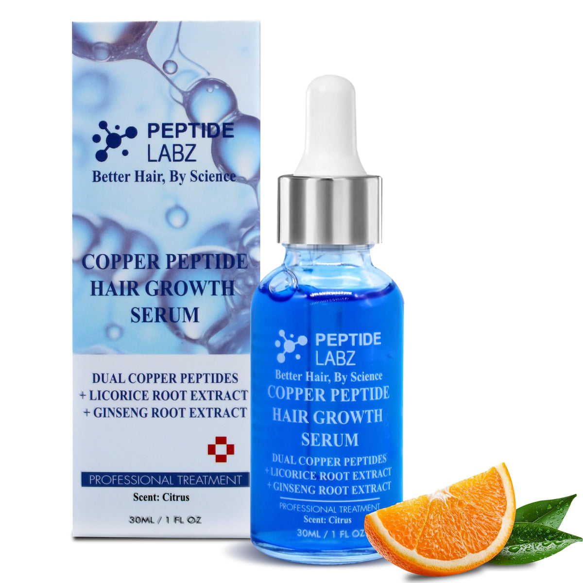 PeptideLabz front bottle showing product label and citrus scent benefits