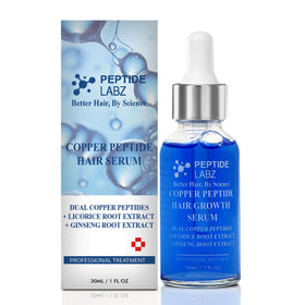 PeptideLabz front packaging showing copper peptide serum and clear label benefit