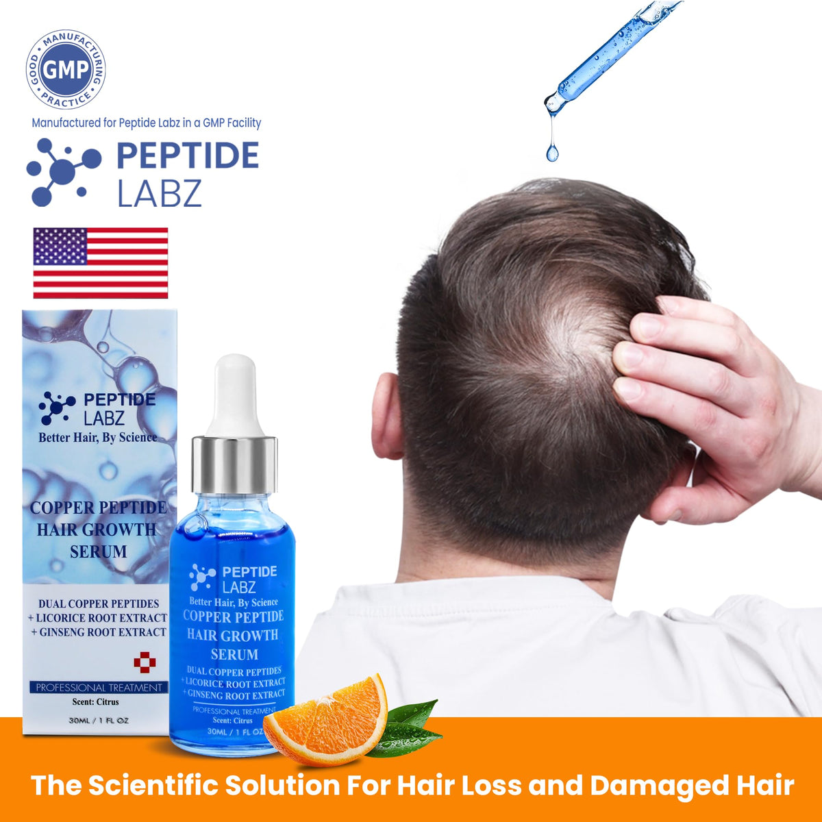 PeptideLabz 1 fl oz bottle next to coin showing compact travel-friendly benefit