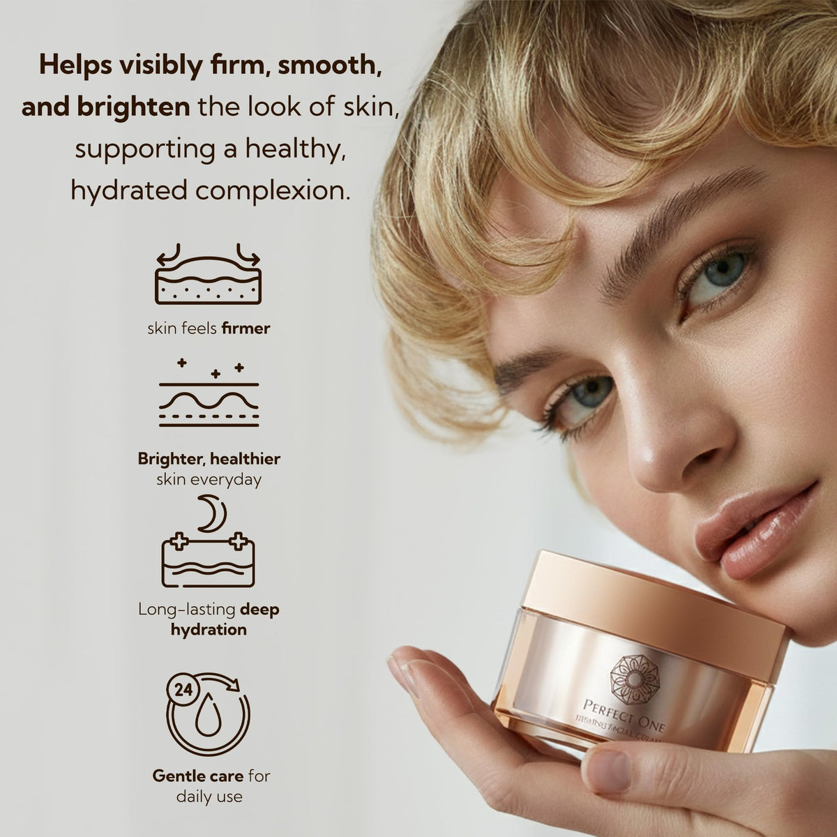 PERFECT ONE cream on fingers ready to apply for smooth, plumped skin
