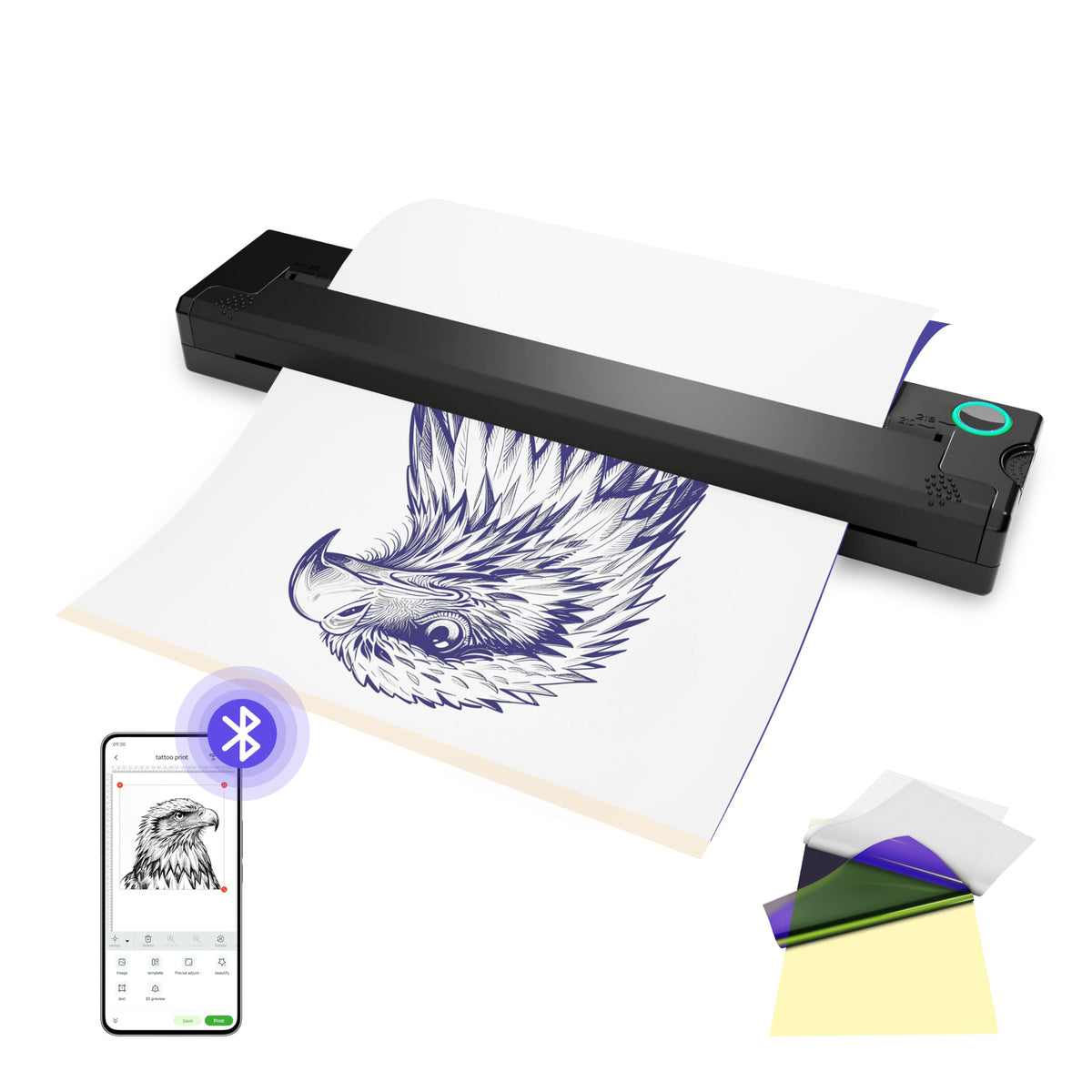 PeriPage P90 front view showing compact design and fast stencil printing benefit
