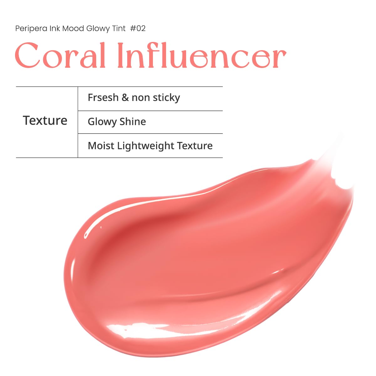 Peripera texture drop highlighting non-sticky gloss and moisturizing finish benefit