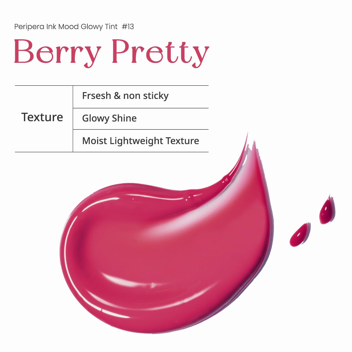 Peripera on-lips close-up displaying berry tint and reflective plumping effect